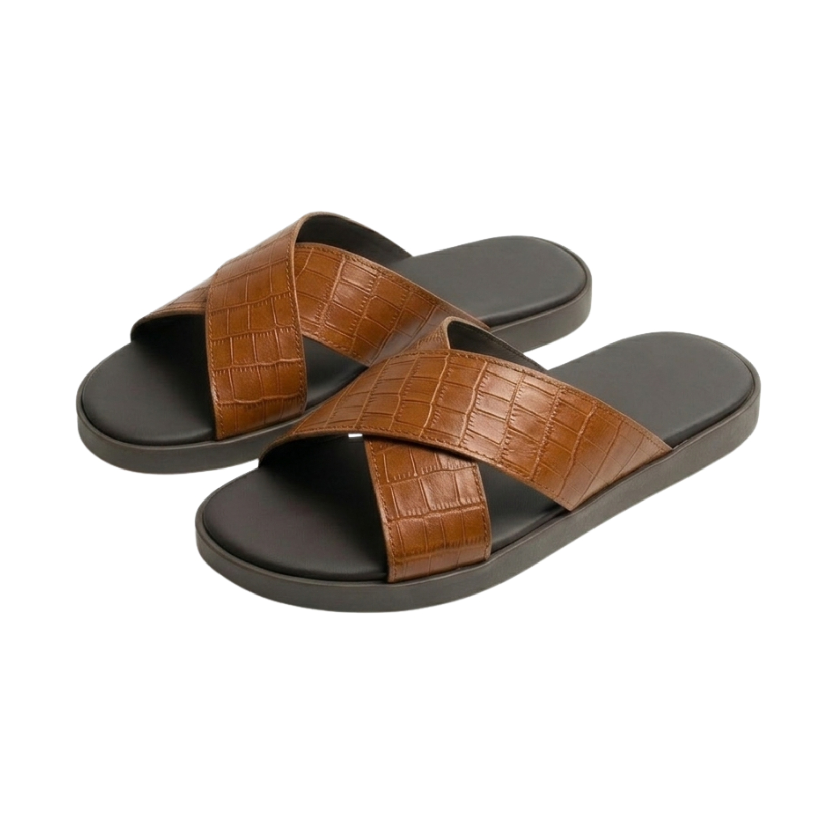 Men's Tan Croc-Texture Cross-Strap Sandals