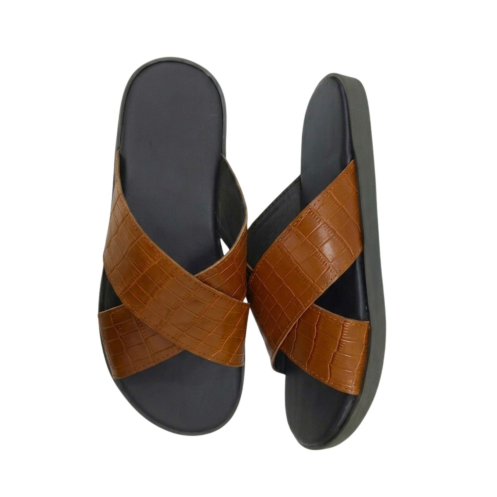 Men's Tan Croc-Texture Cross-Strap Sandals - Image 2
