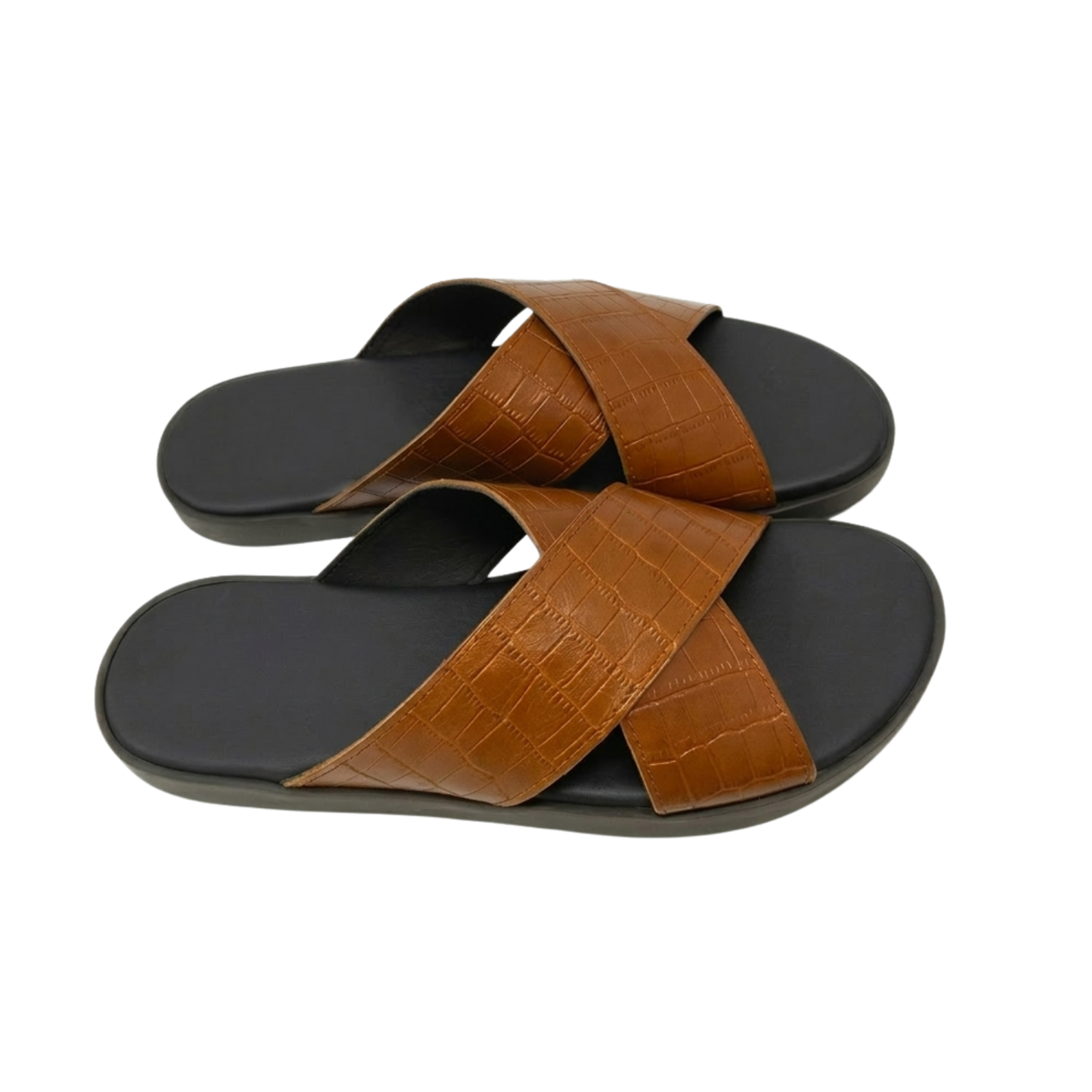 Men's Tan Croc-Texture Cross-Strap Sandals - Image 4